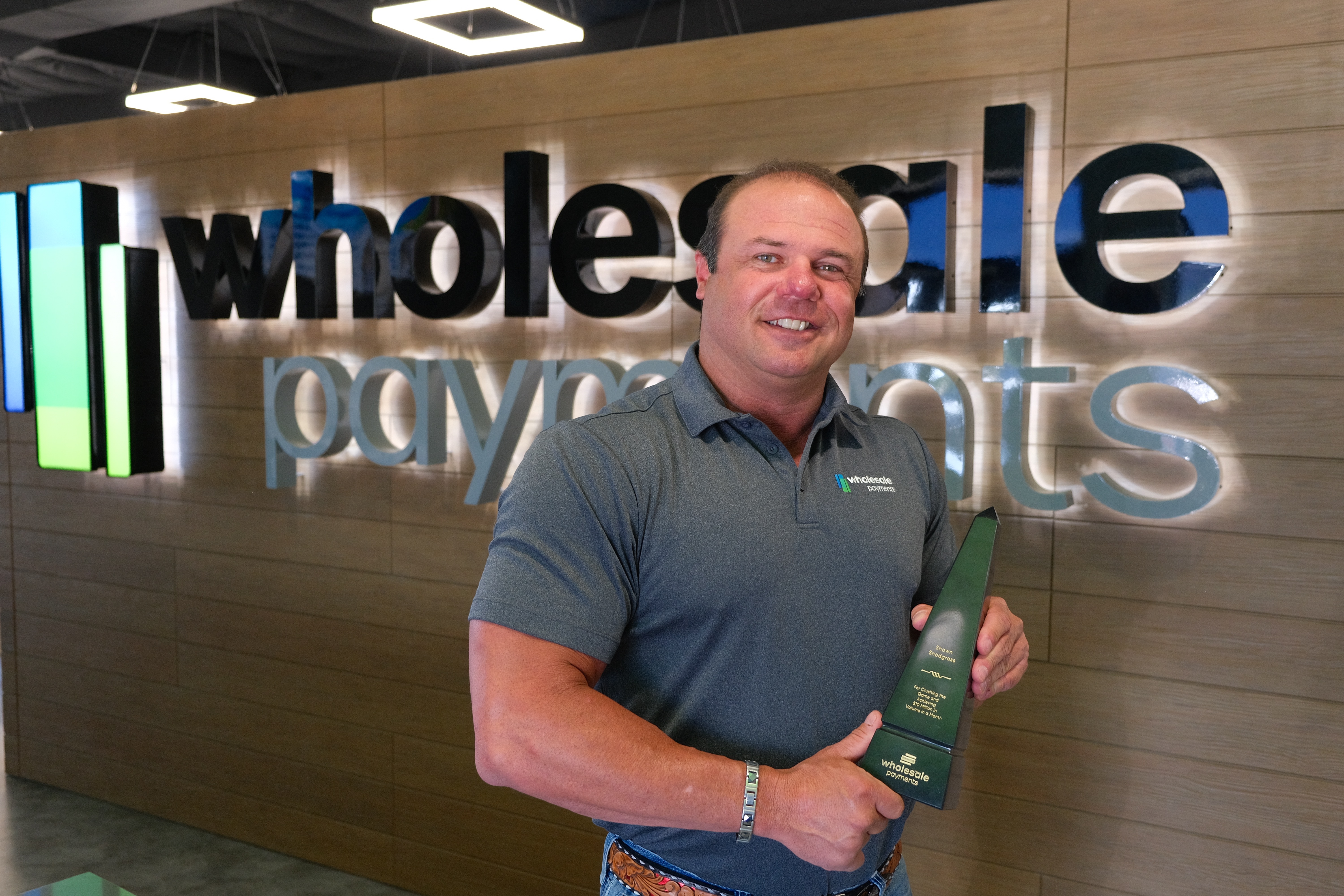 Shawn Snodgrass, in card volume processed in a single month, earning Shawn Wholesale Payments’ $10 Million Club award.
